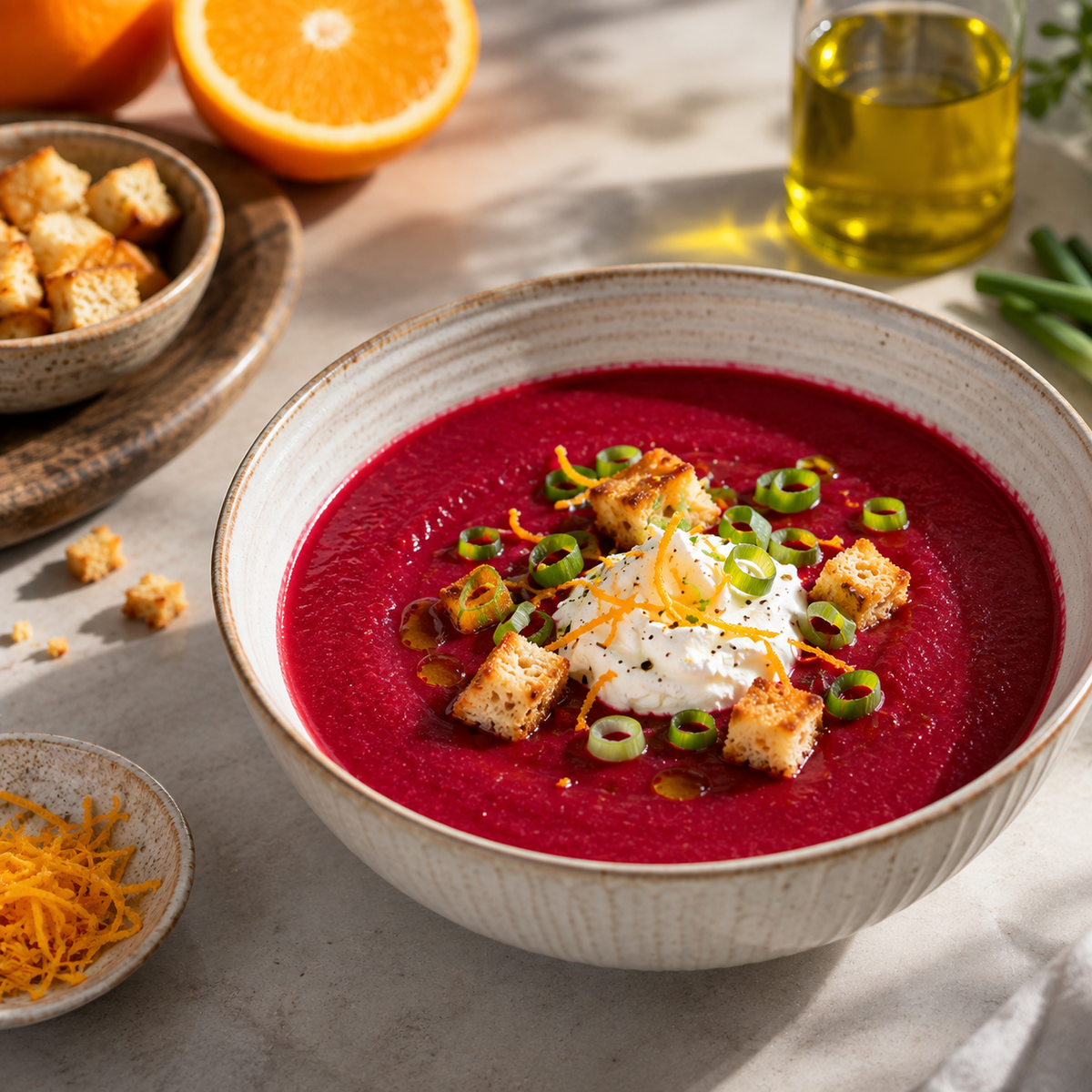 Gaspacho de betterave à l’orange et fromage de chèvre