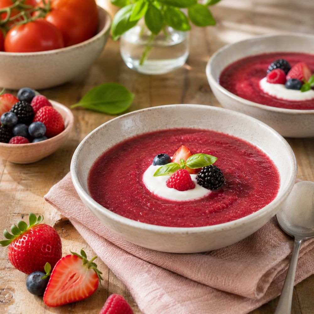 Gaspacho de fruits rouges et tomates version dessert