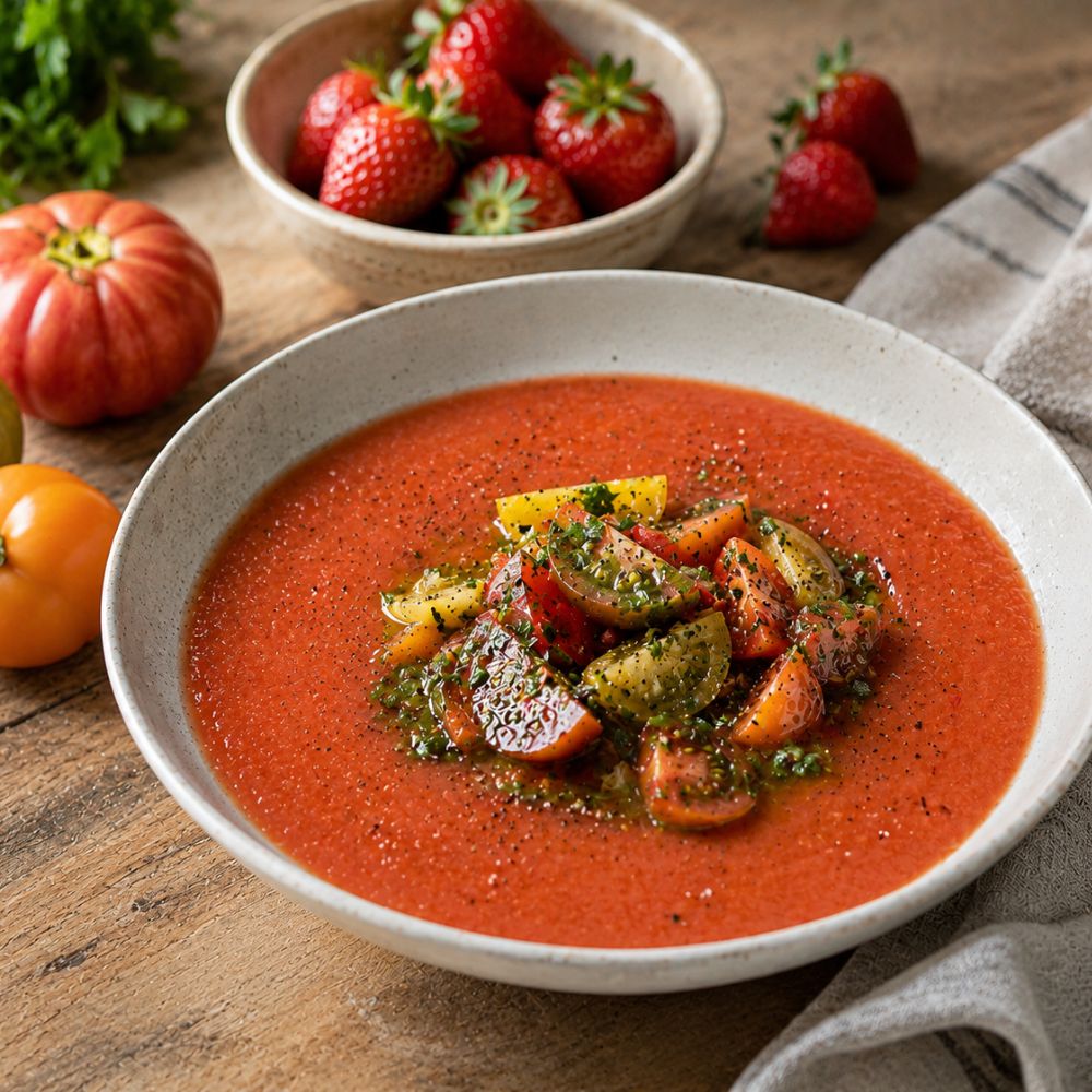 Gaspacho de poivron, fraise, tomate et persilade