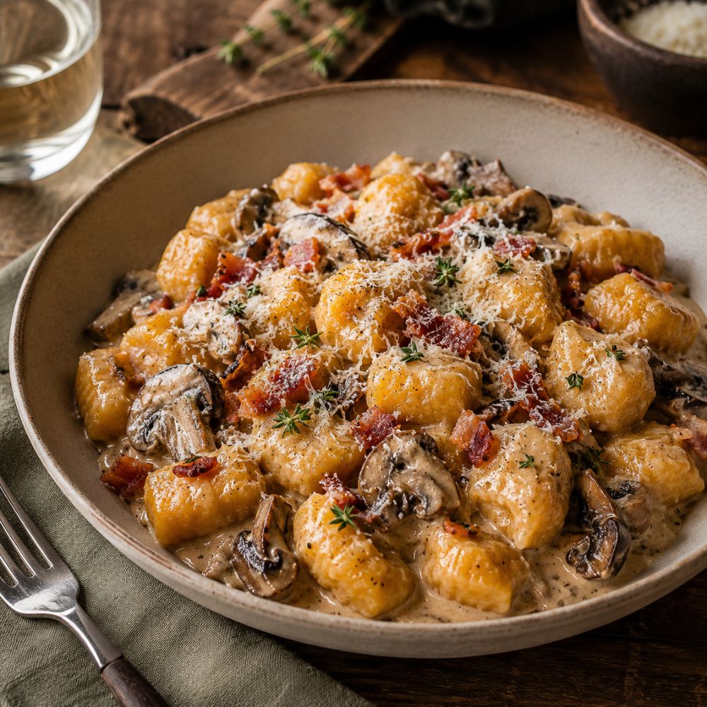 Gnocchi à la citrouille, sauce champignons, bacon et parmesan