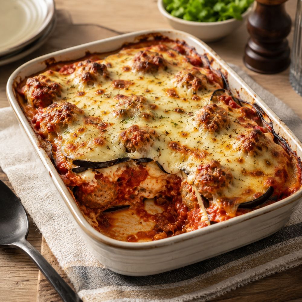 Gratin d’Aubergines aux Boulettes de Poulet et Sauce Tomate (Style Moussaka)