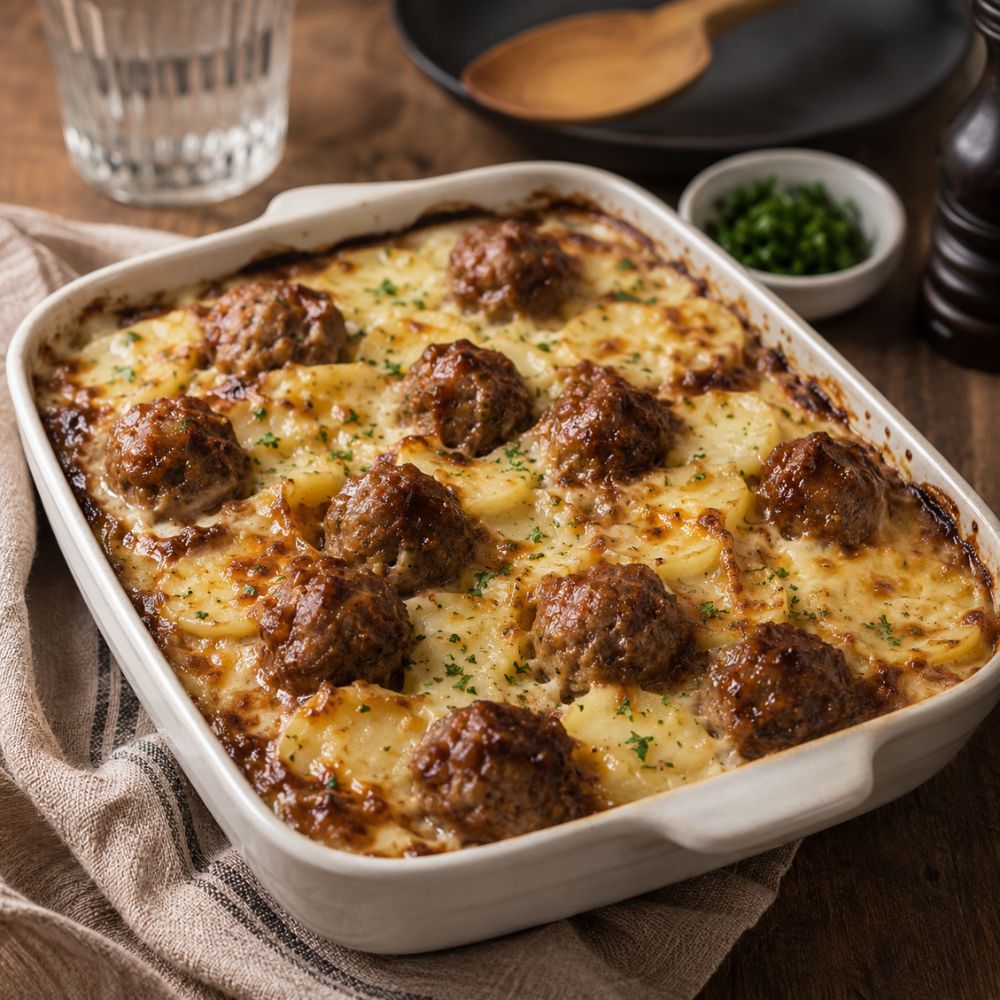 Gratin de boulettes de porc sauce hamburger steak et pommes de terre dauphinoises