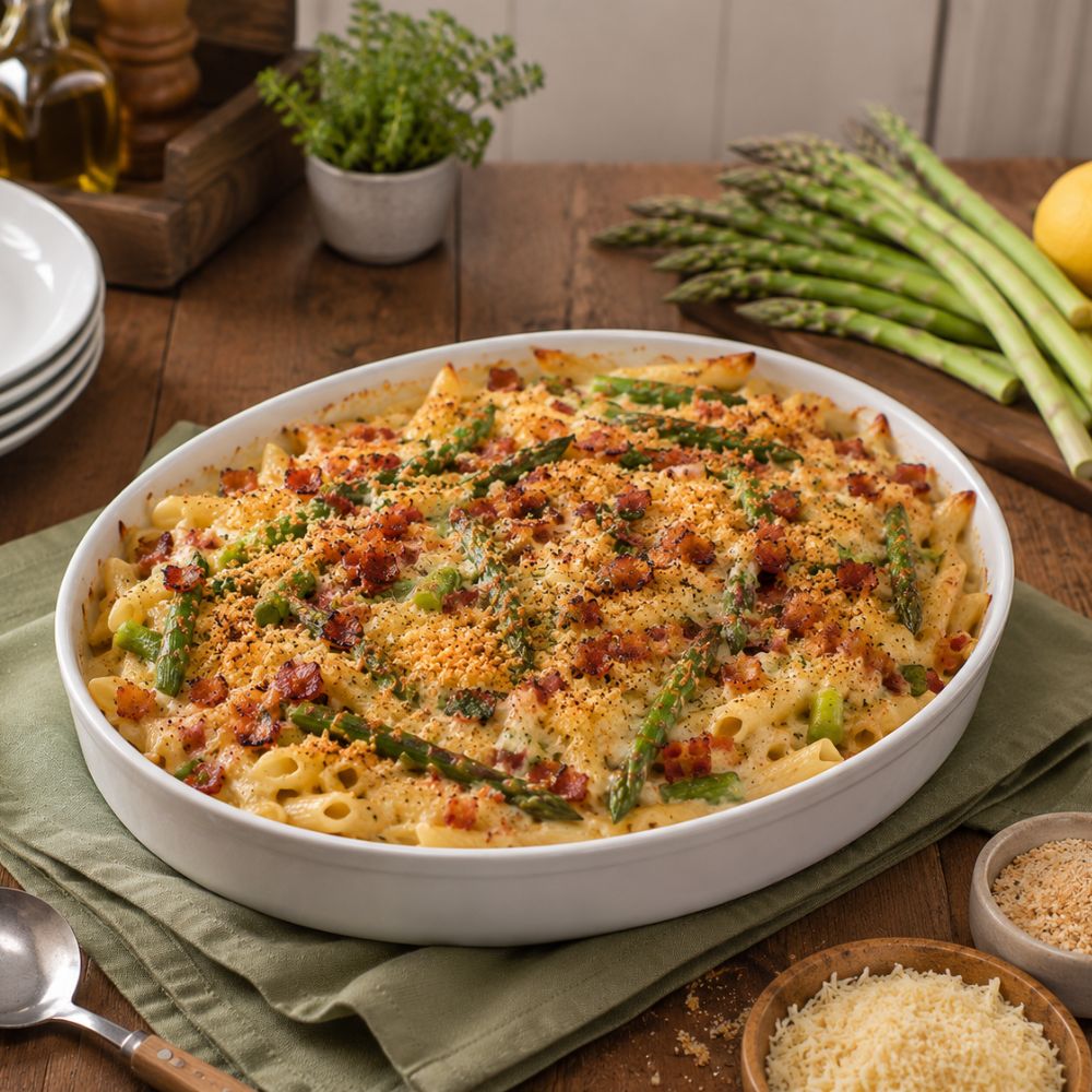 Gratin de pâtes aux asperges et bacon