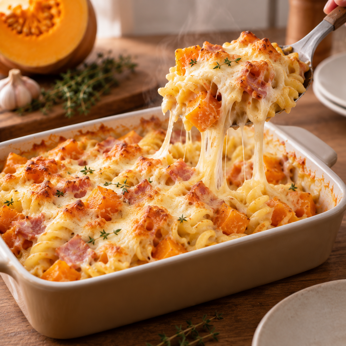 Gratin de pâtes, citrouille, jambon et fromage