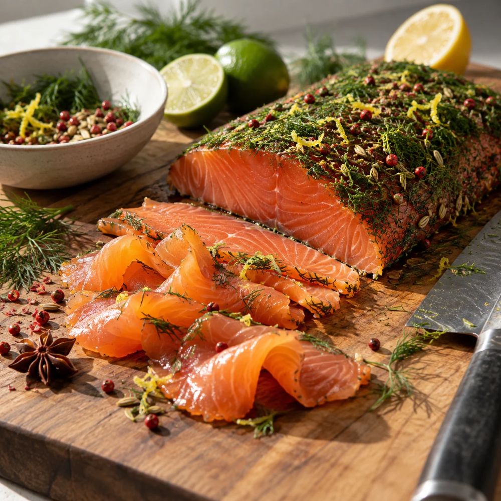 Gravlax de saumon anis, fenouil et poivre rose