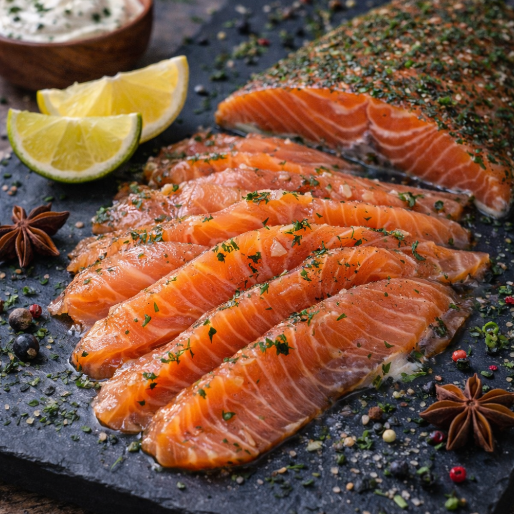 Gravlax de saumon anis, fenouil et poivre rose