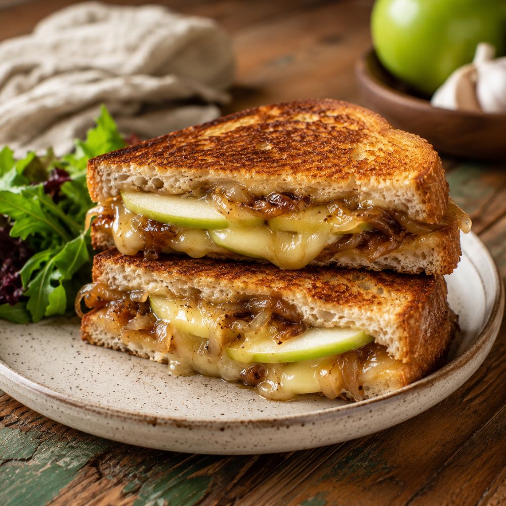 Grilled cheese au fromage du québec, pommes et oignons caramélisés