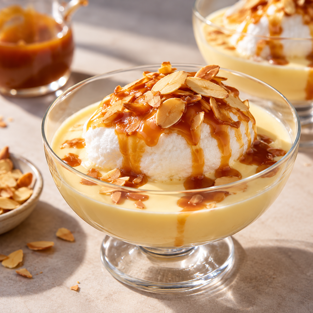 Île flottante aux amandes et caramel