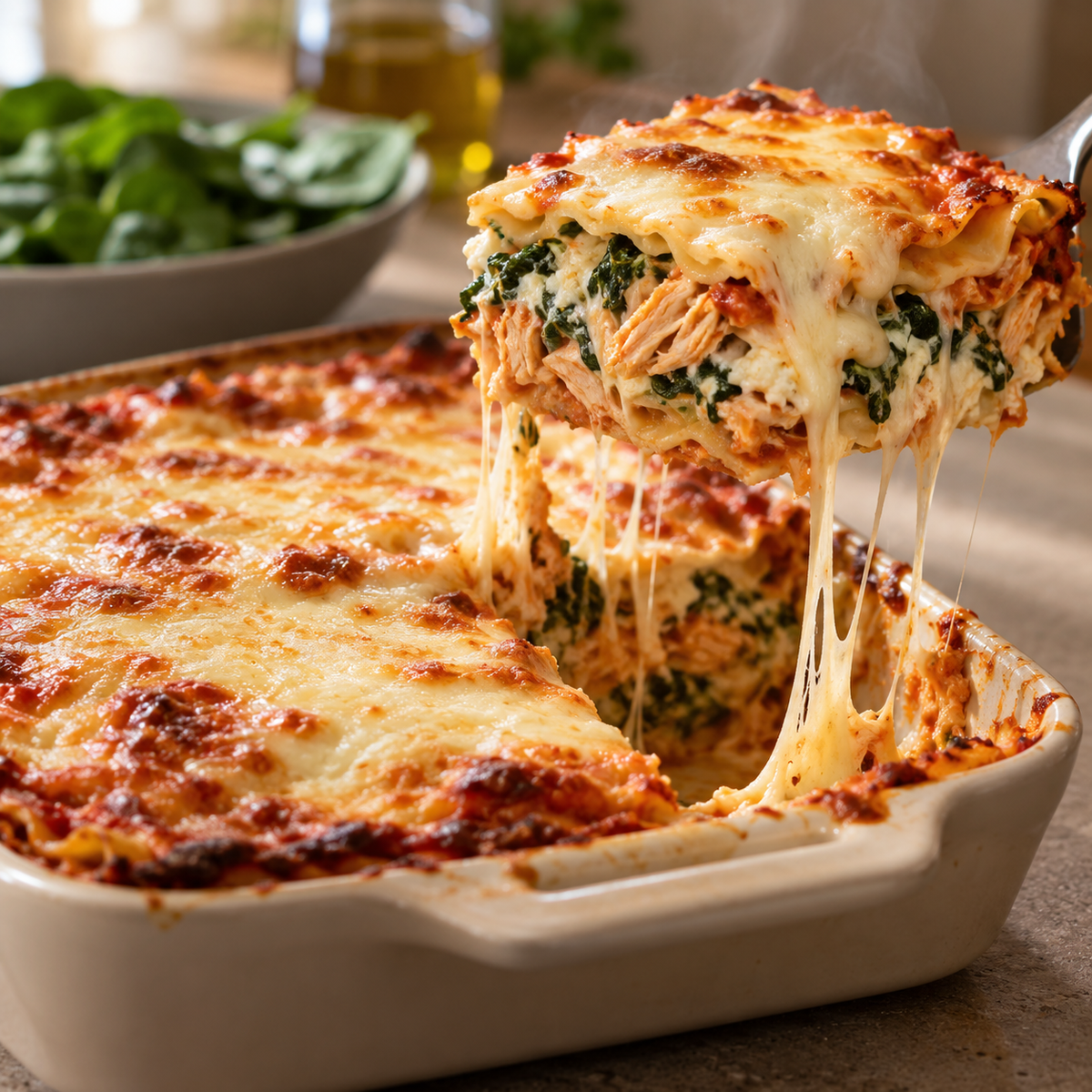 Lasagne au poulet effiloché et épinard