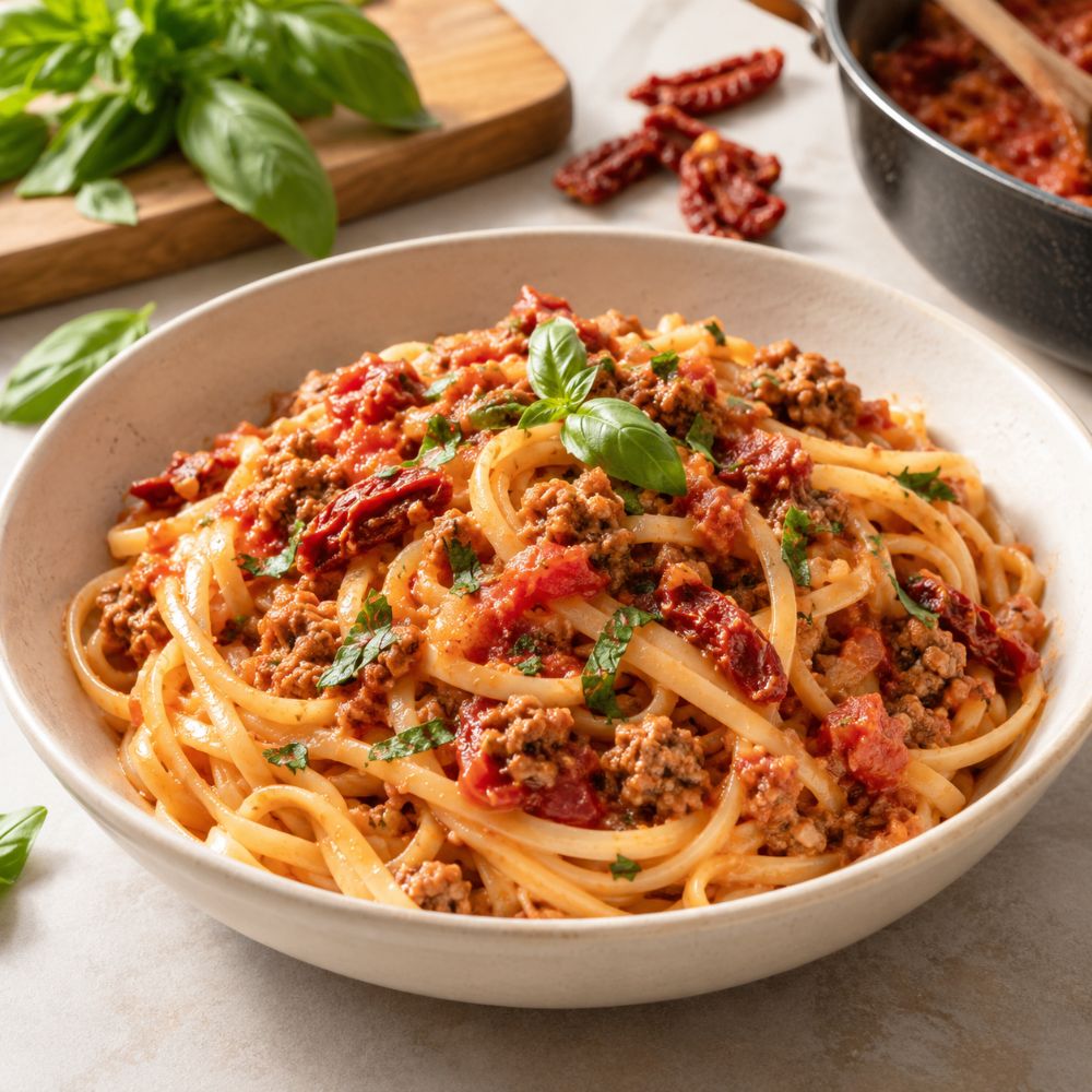 Linguines au basilic et tomates séchées