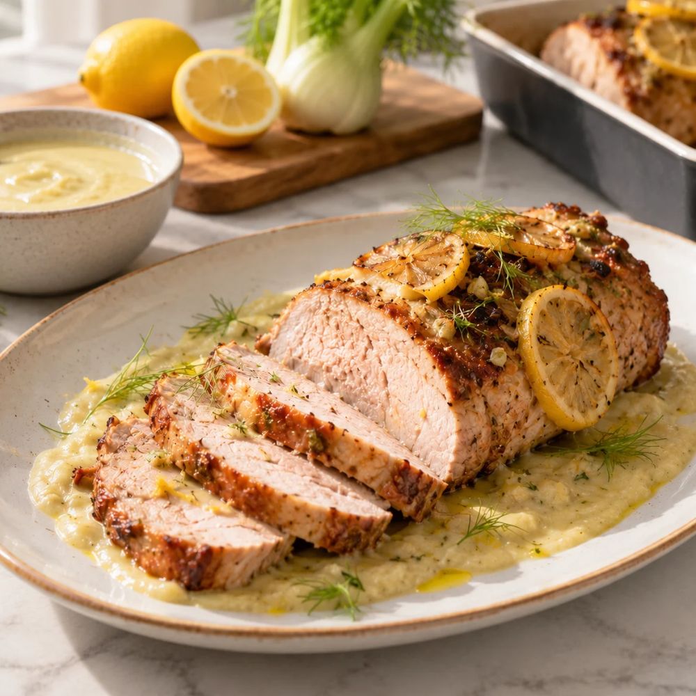Longe de porc-coulis de fenouil, huile d’olive et citron