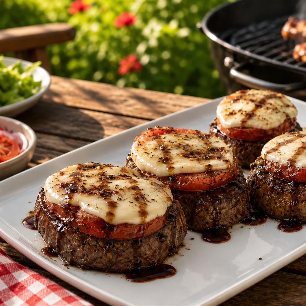 Médaillons de filet de bœuf gratinés à la tomate et mozzarella