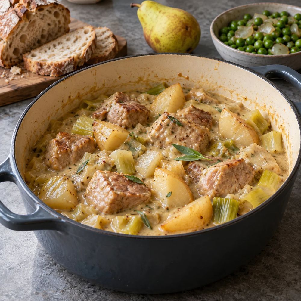 Mijoté de porc à la moutarde et aux poires