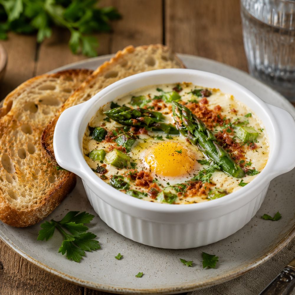 Oeufs Cocotte aux asperges et parmesan de jambon cru