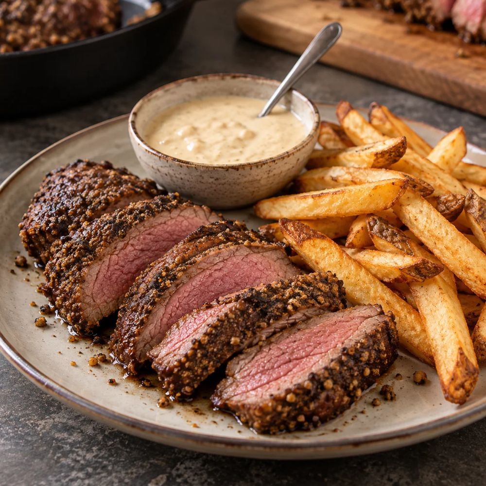 Onglet de veau en croûte d’épices et sauce au raifort