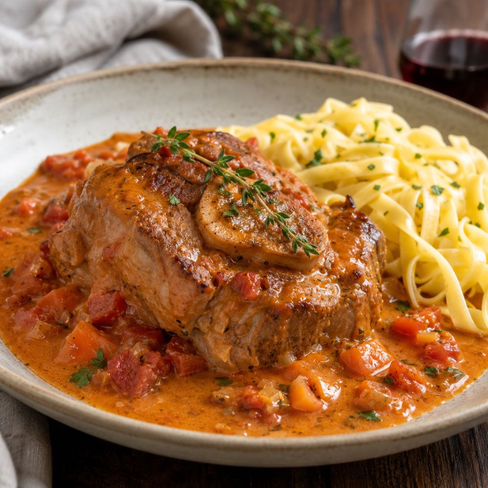 Osso bucco de porc sauce rosée
