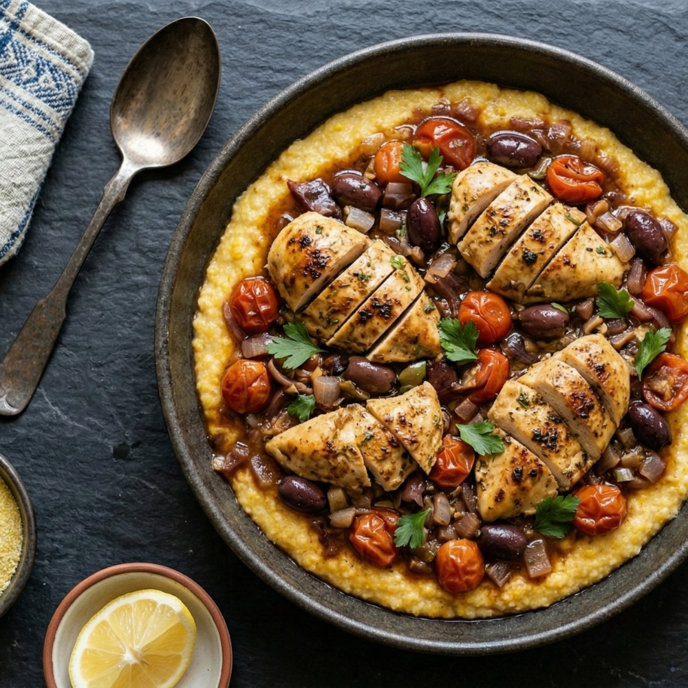 Poitrine de poulet rôtie, à la provençale et polenta
