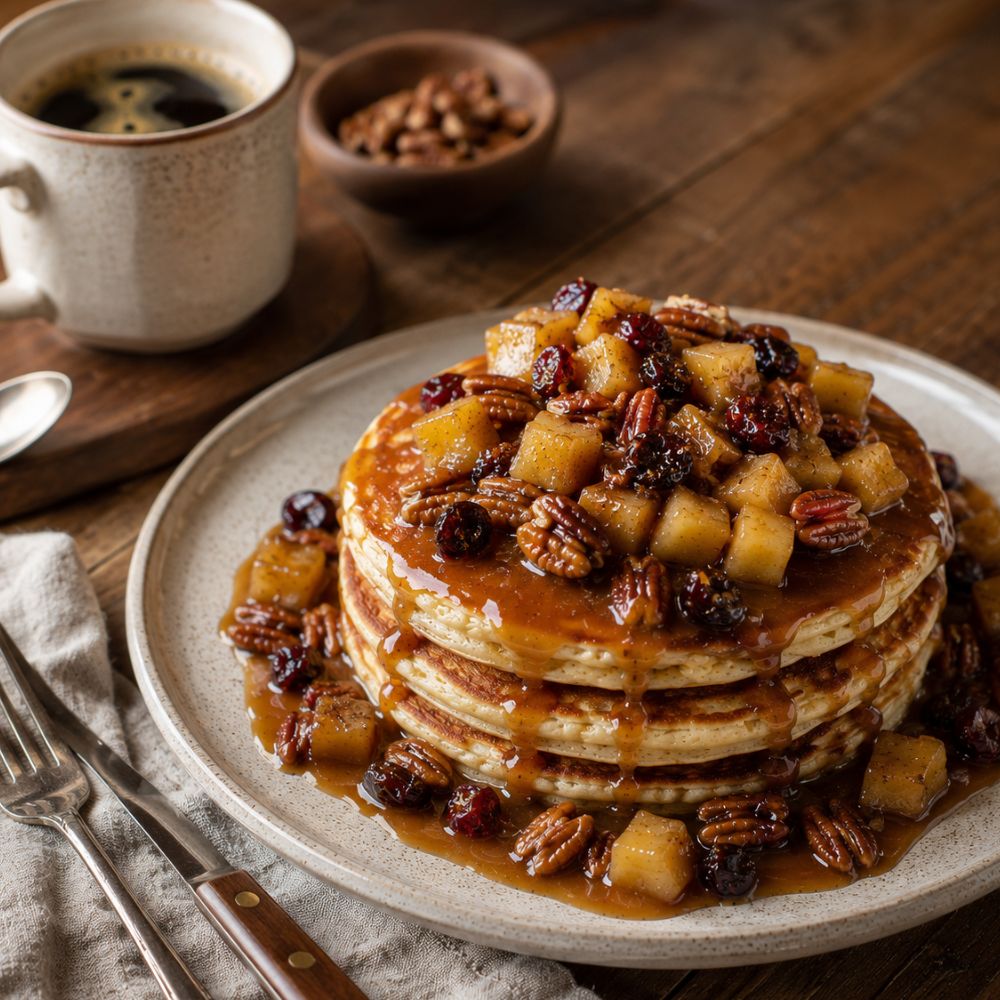 Pancakes aux pommes, caramel épicé et fruits secs