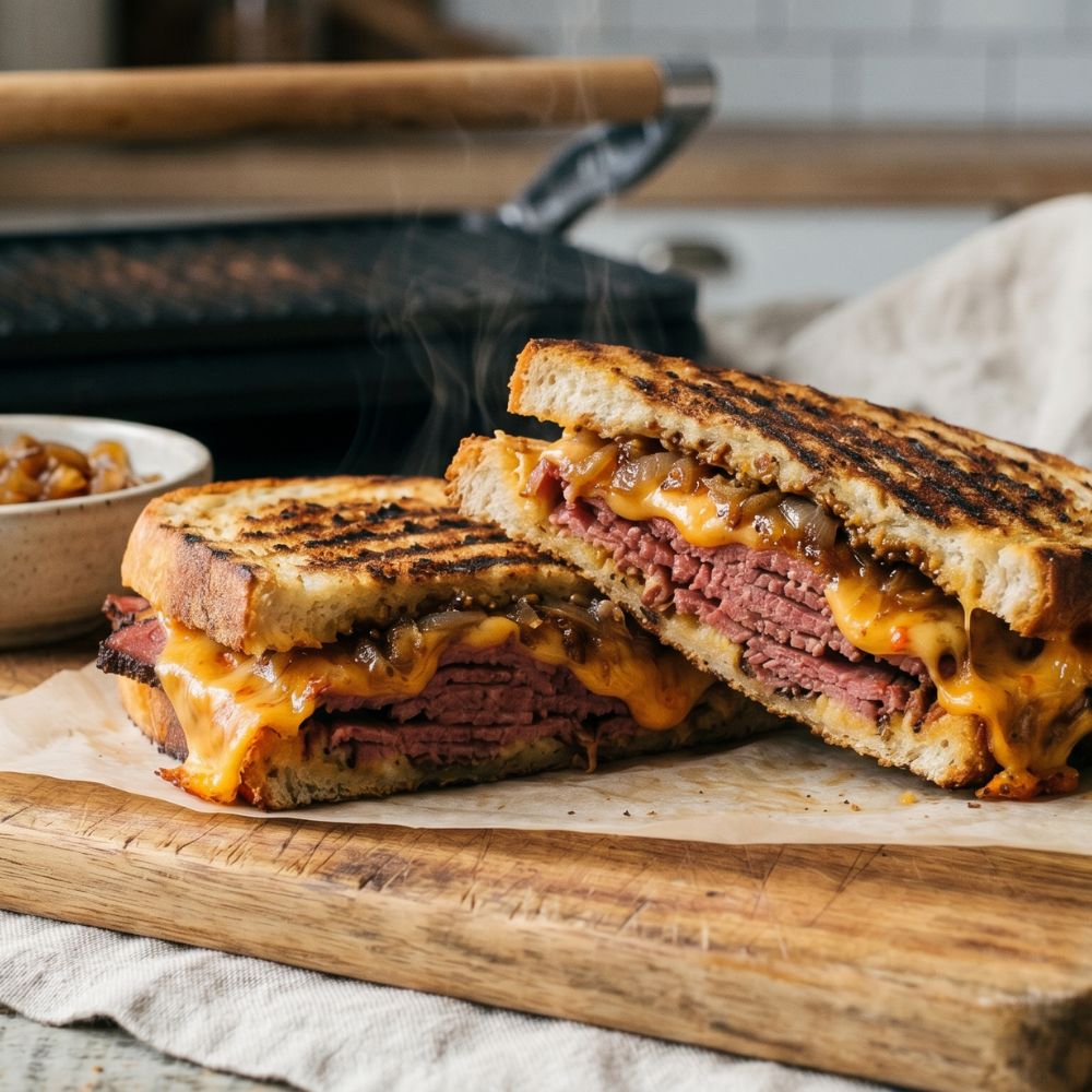 Panini grillé à la viande fumée, cheddar habanero et oignons à l’érable