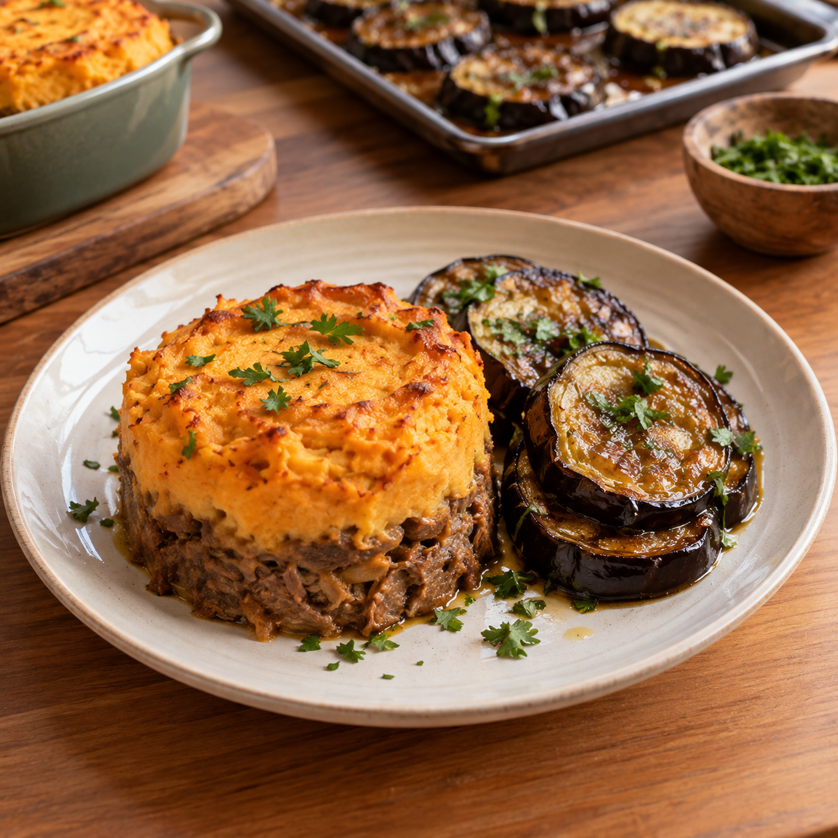 Parmentier de bœuf à la patate douce et aubergines rôtie