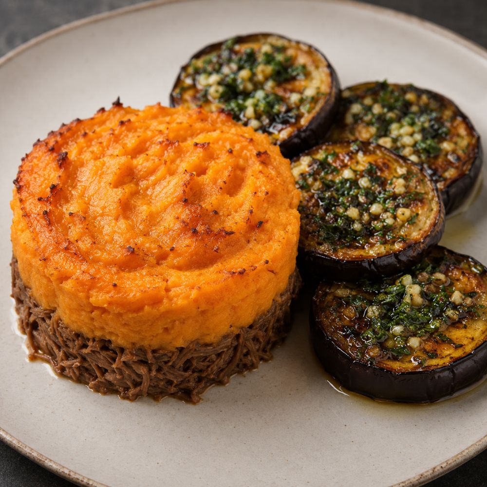 Parmentier de boeuf papate douce et Médaillons d’aubergine rôtis