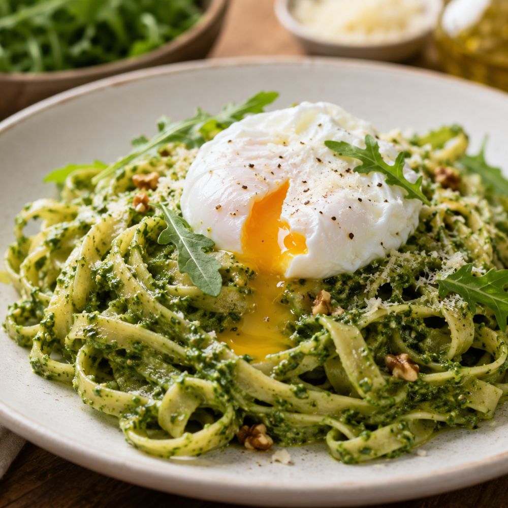 Pâtes Fraîches au pesto de roquette et oeuf poché