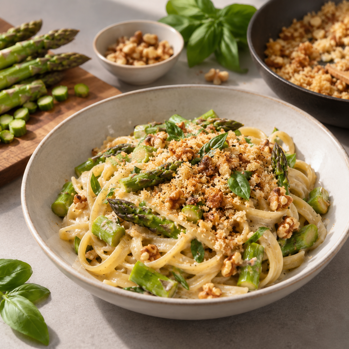 Pâtes aux asperges, noix et basilic
