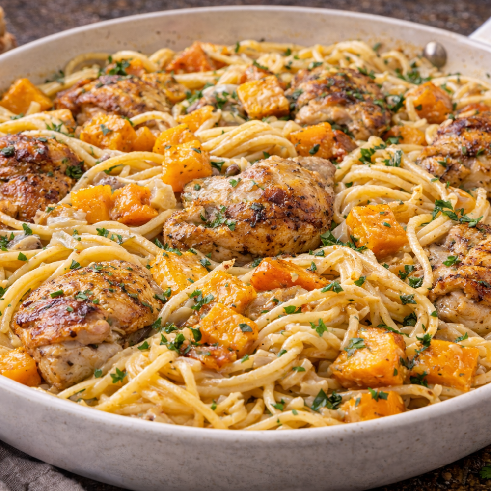 Pâtes crémeuses au poulet rôti et courge