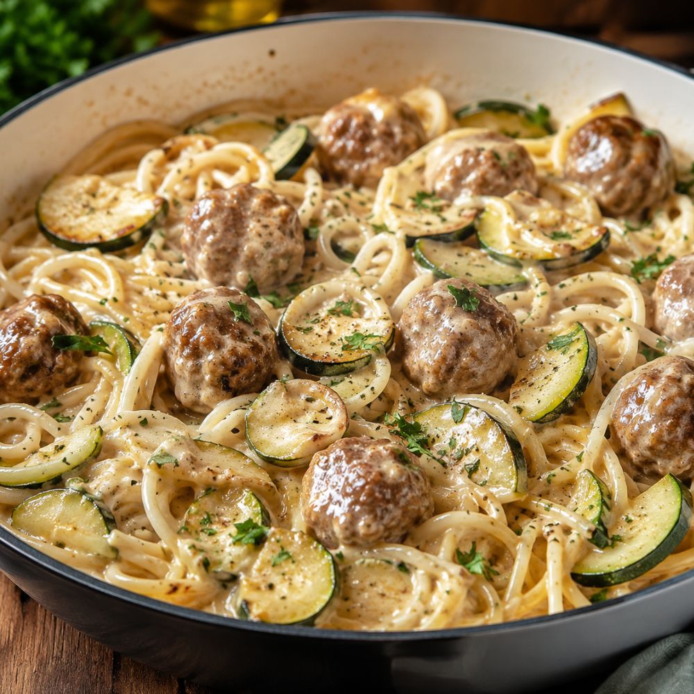 Pâtes crémeuses aux boulettes de porc sauce hamburger steak