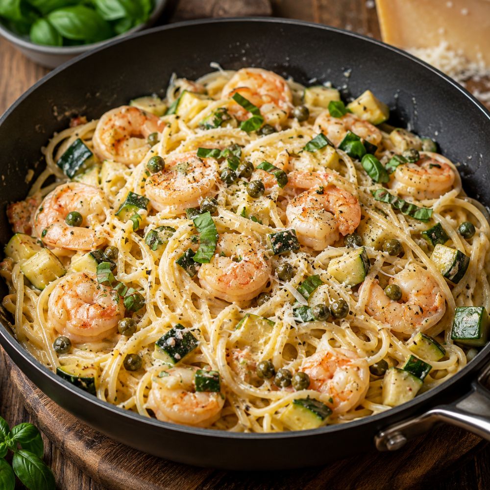 Pâtes crémeuses aux crevettes et courgettes