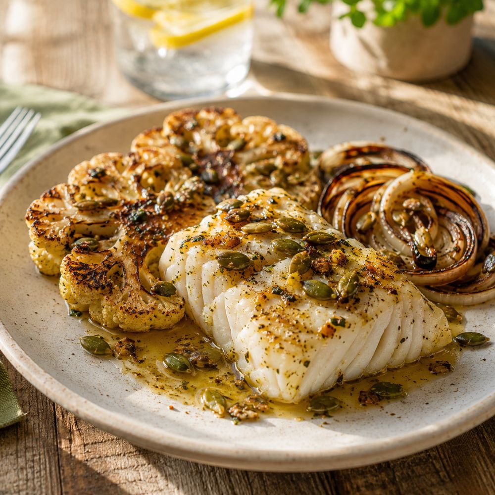 Pavés de morue, beurre citronne et chou-fleur au barbecue