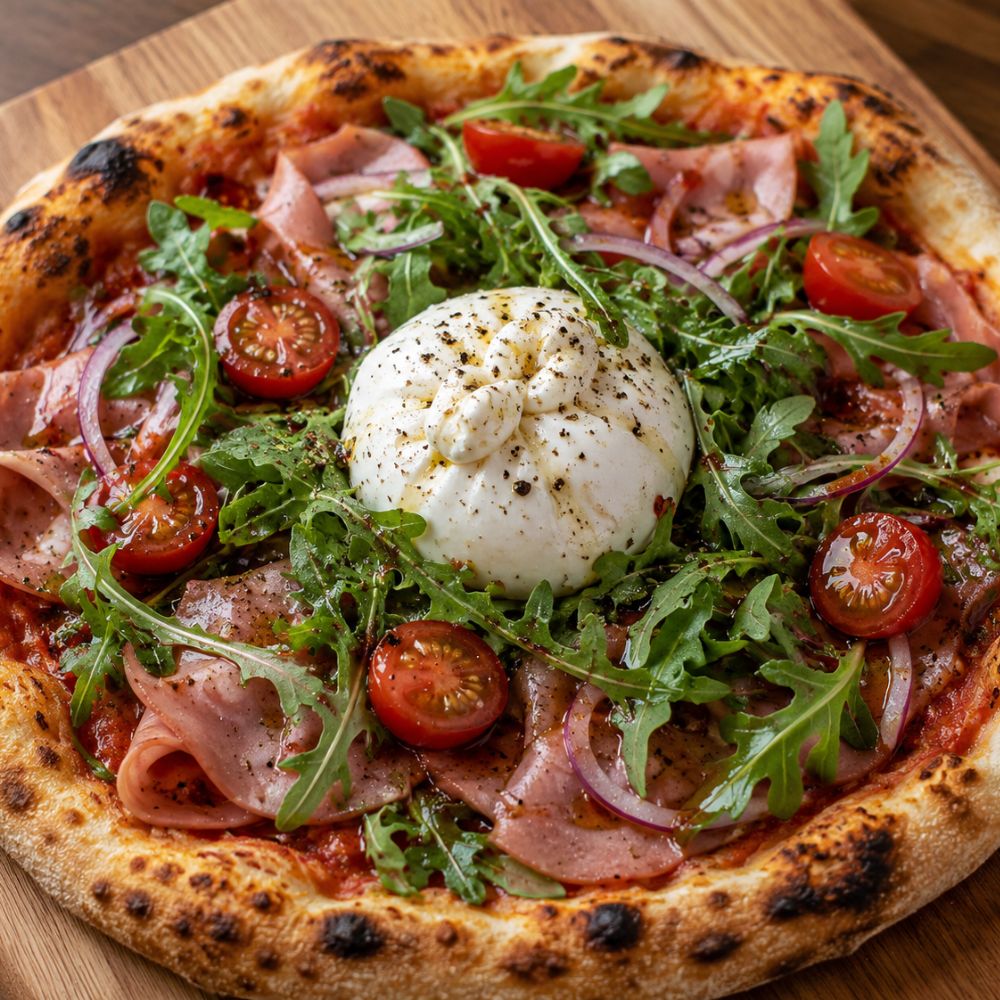 Pizza à la mortadelle et burrata