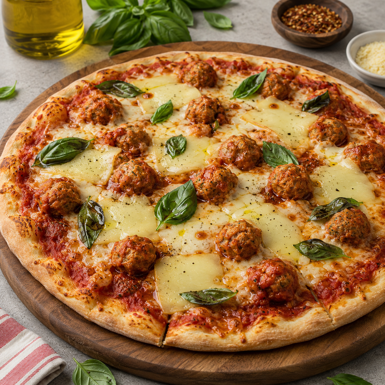 Pizza aux Boulettes de Poulet et Basilic Frais