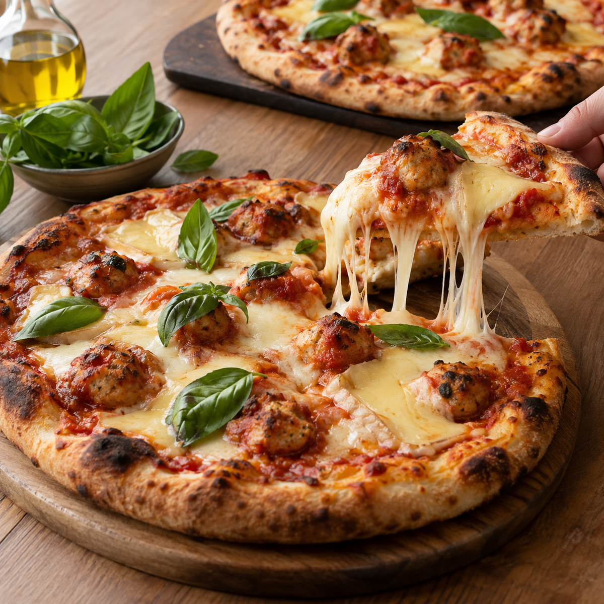 Pizza aux Boulettes de Poulet et Basilic Frais