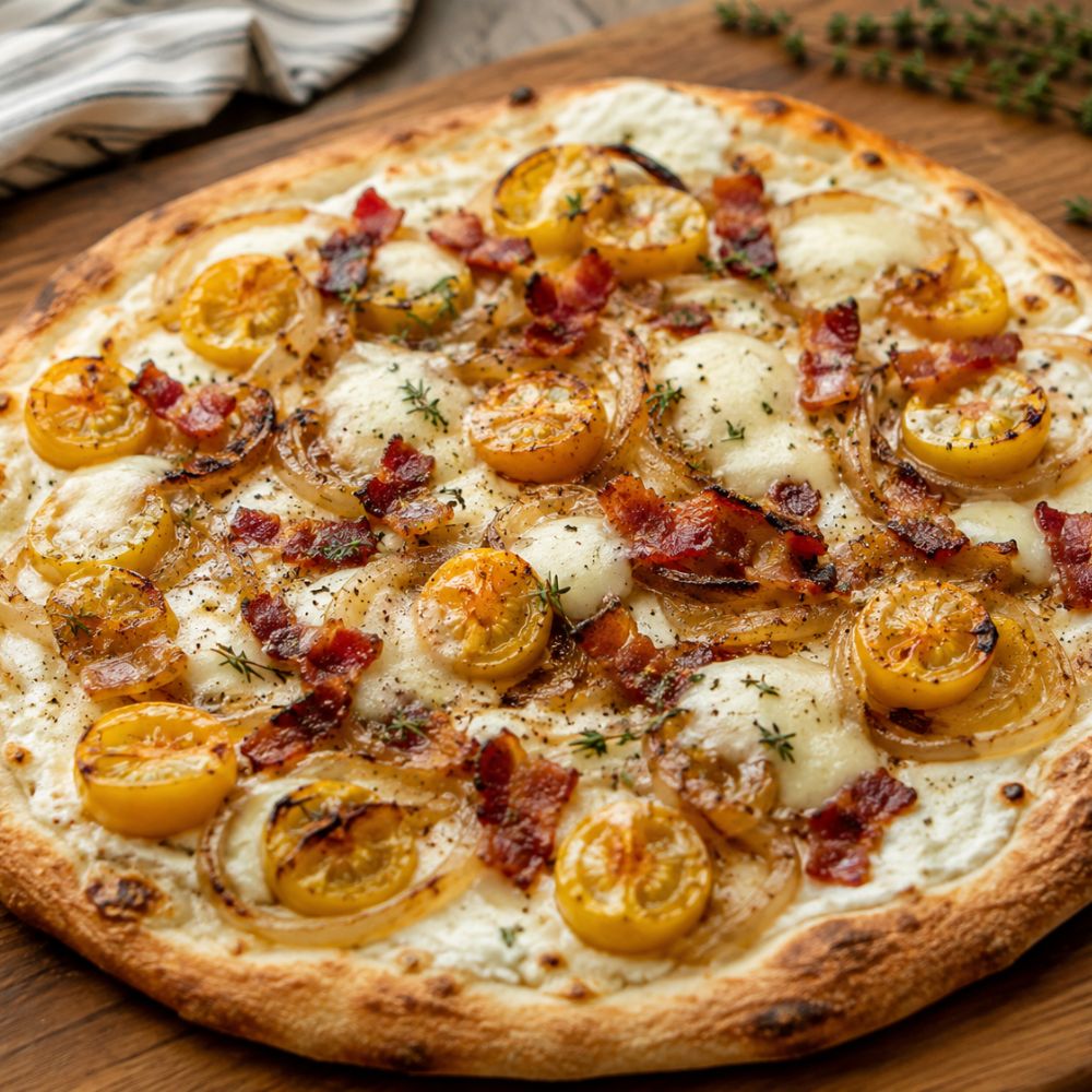 Pizza aux tomates jaunes et oignons caramélisés