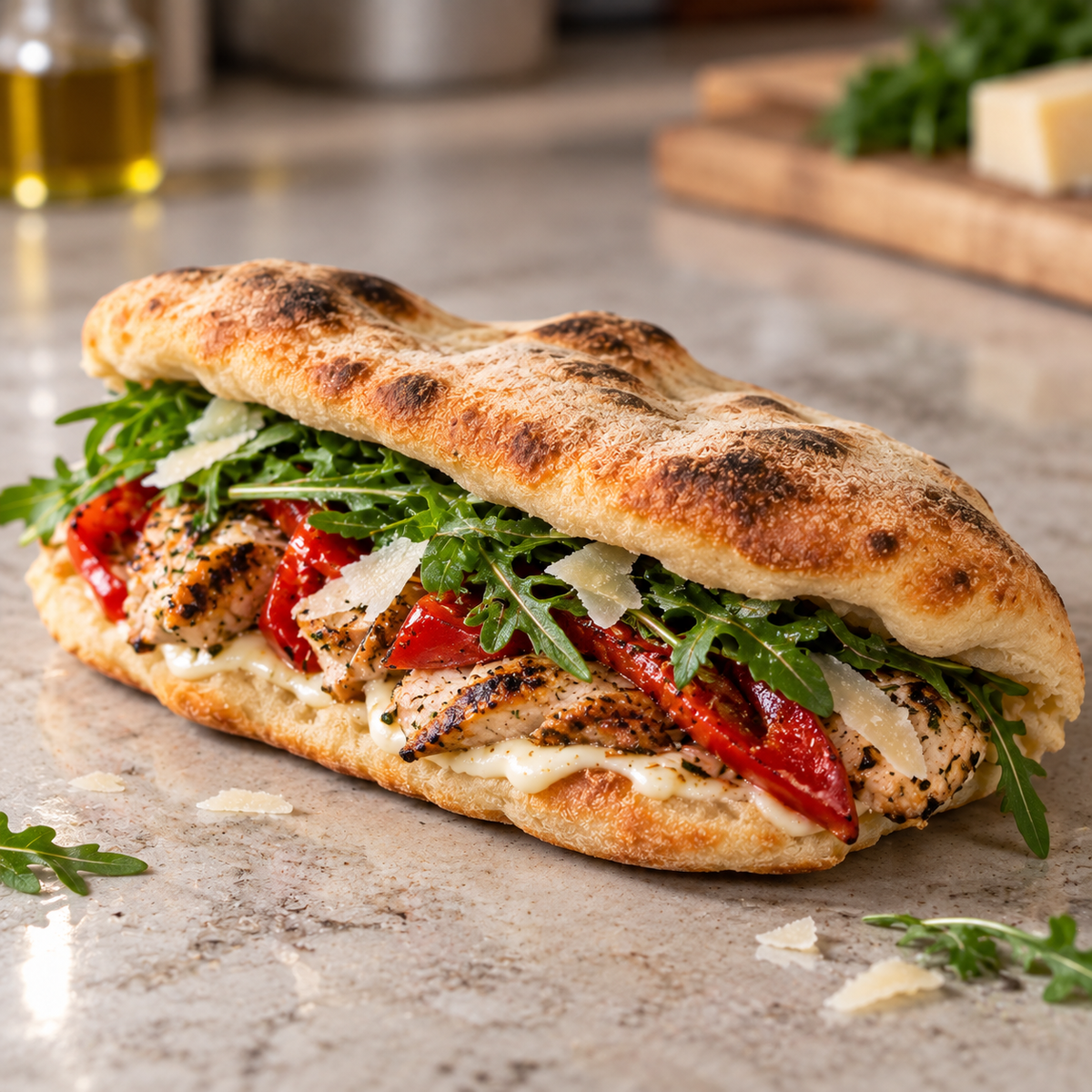Pizza sandwich au poulet grillé et roquette