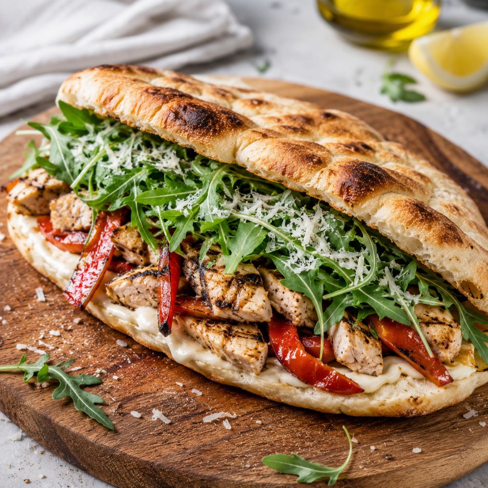 Pizza sandwich au poulet grillé et roquette