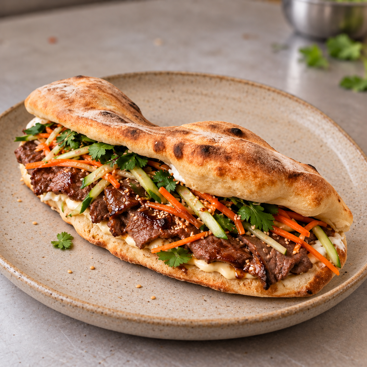 Pizza sandwich au steak à l’asiatique