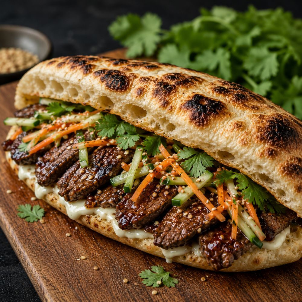 Pizza sandwich au steak à l’asiatique