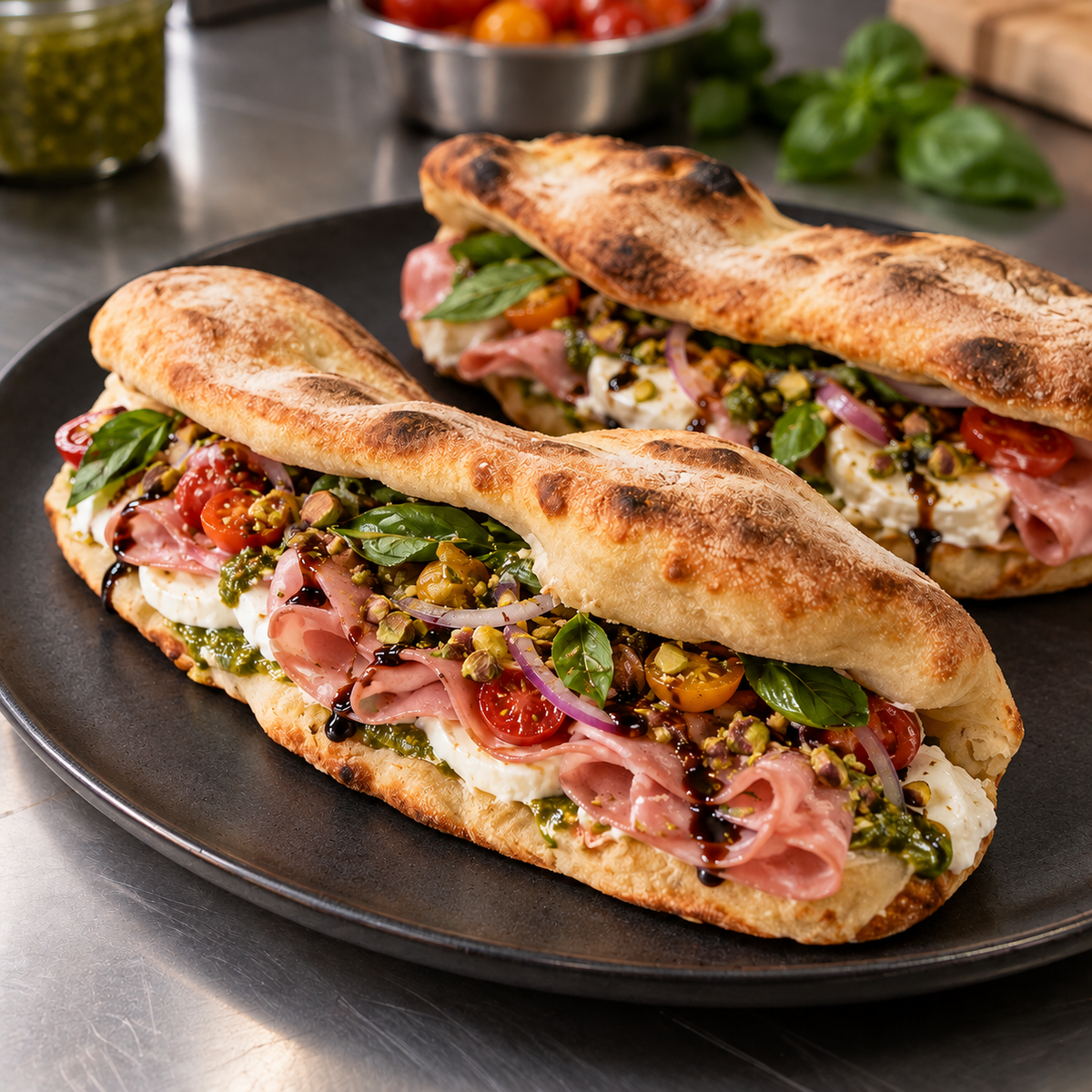 Pizza sandwich mozza et mortadelle