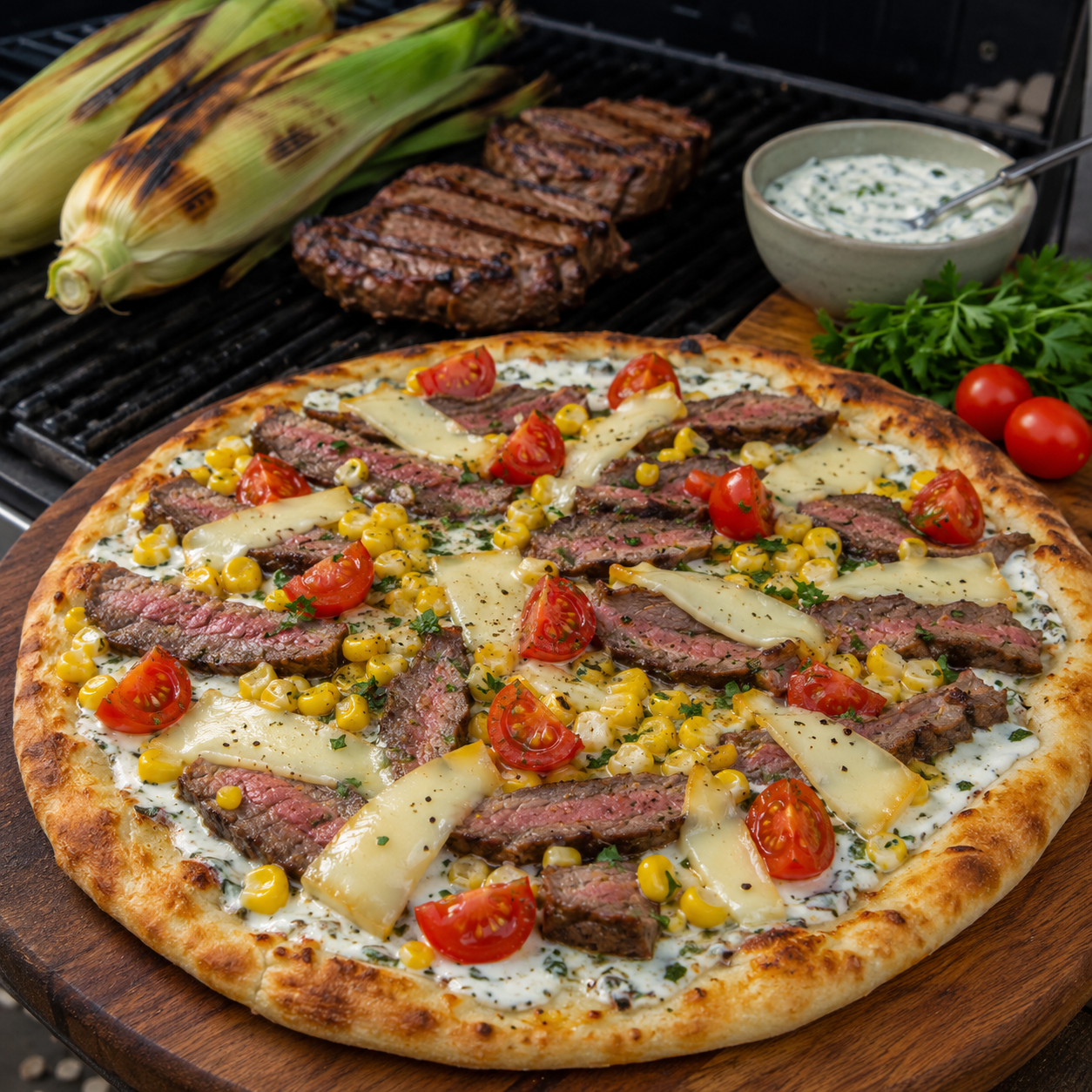 Pizza steak et maïs sur le bbq