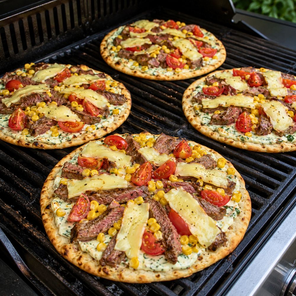 Pizza steak et maïs sur le bbq