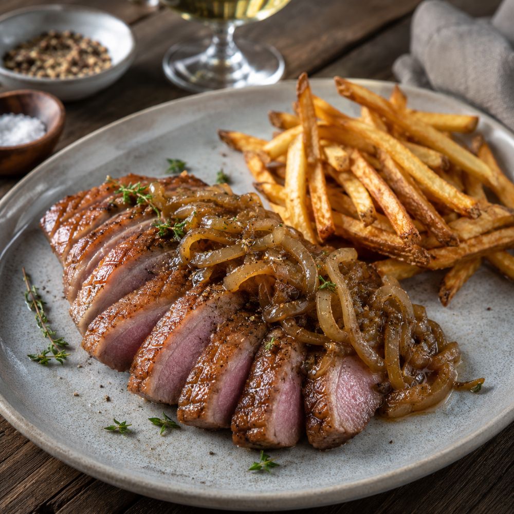 Poitrine de canard au bbq servi avec des oignons confits