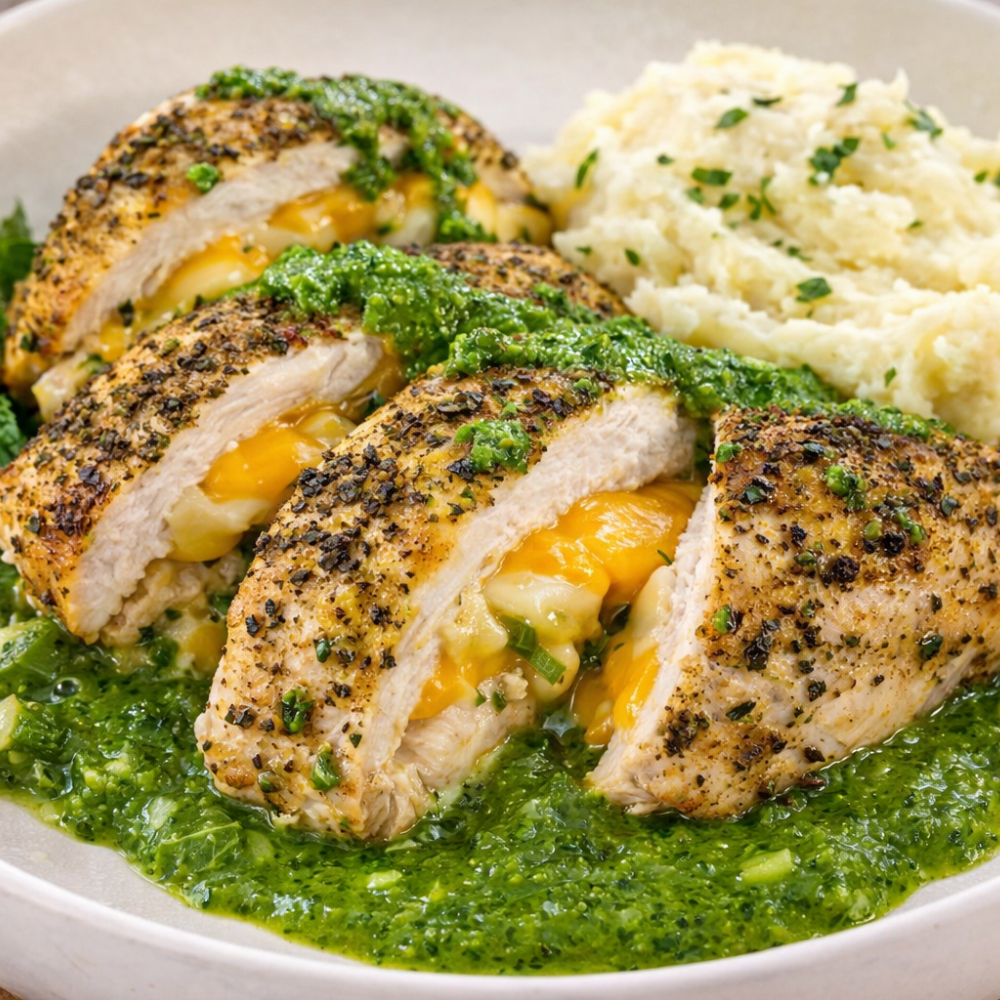 Poitrine de poulet farcie et sauce verte