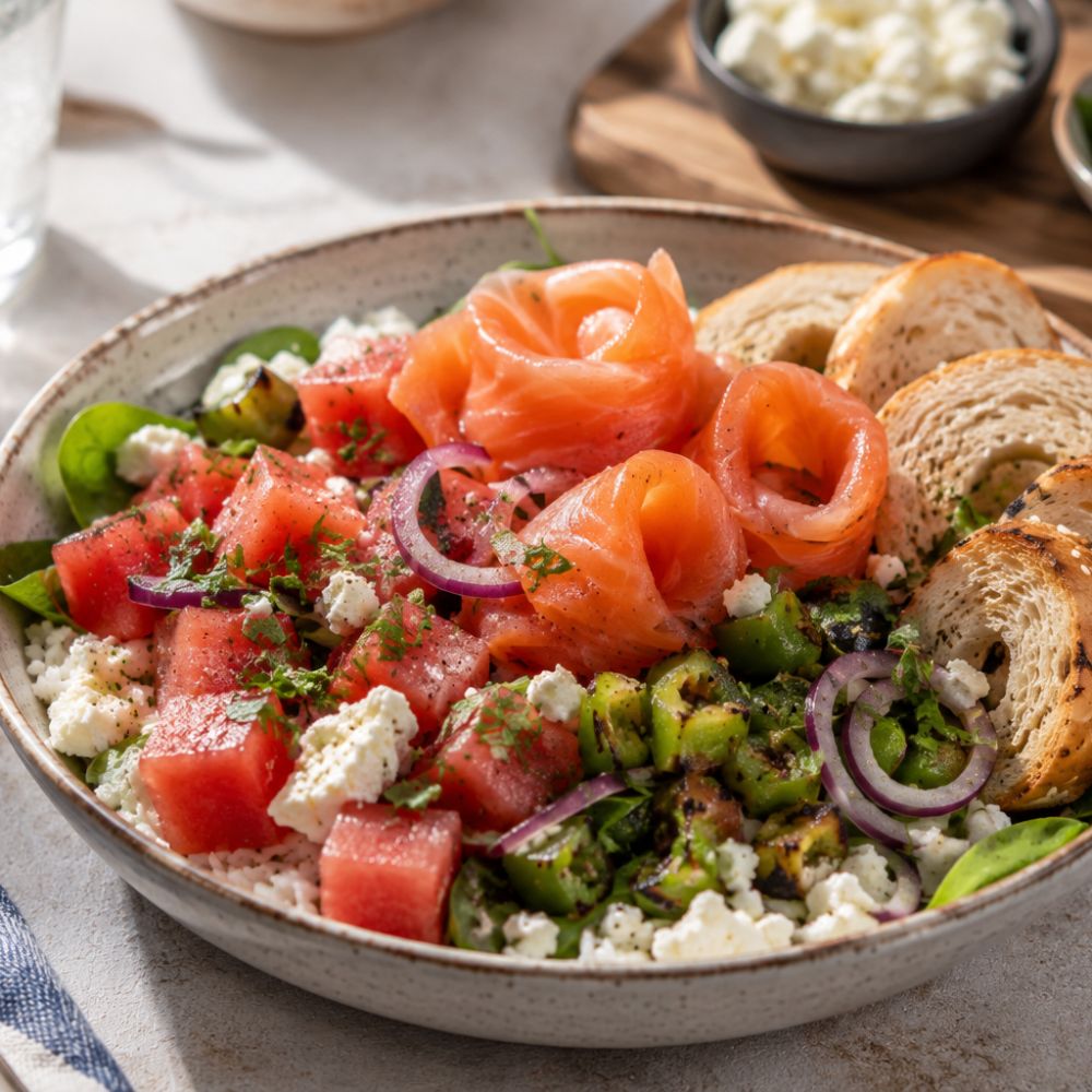 Poké saumon fumé, riz, melon d'eau, jalapenos grillés et feta
