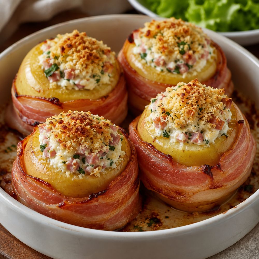 Pomme farcie jambon et ricotta, roulée dans le bacon