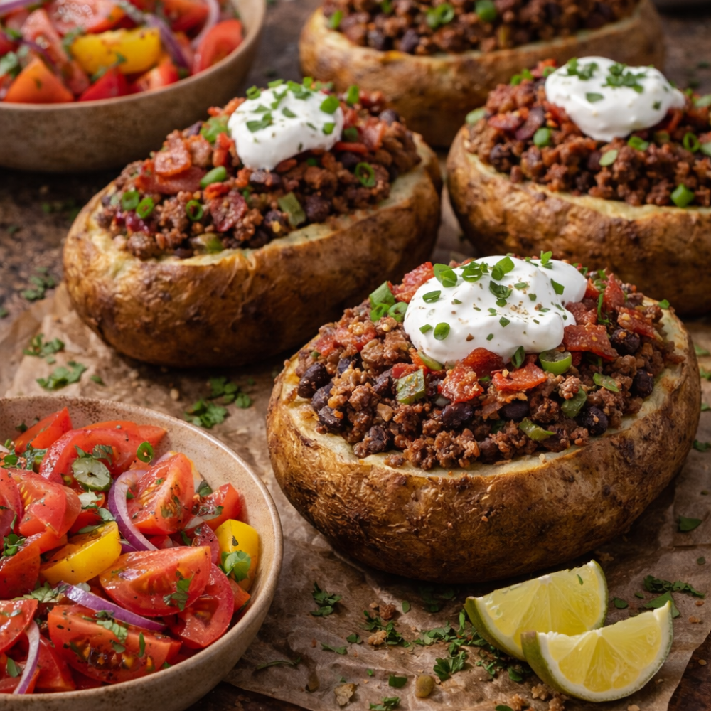 Pommes de terre farcies et salade de tomates
