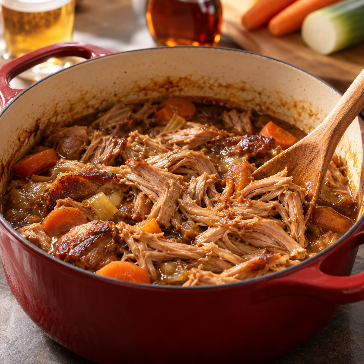 Porc effiloché à la bière et au sirop d’érable
