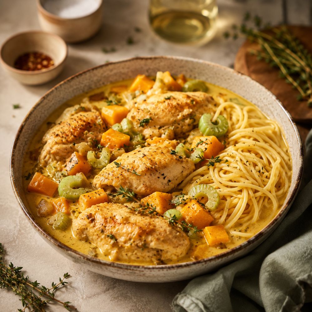 Poulet mijoté à la courge et au curcuma
