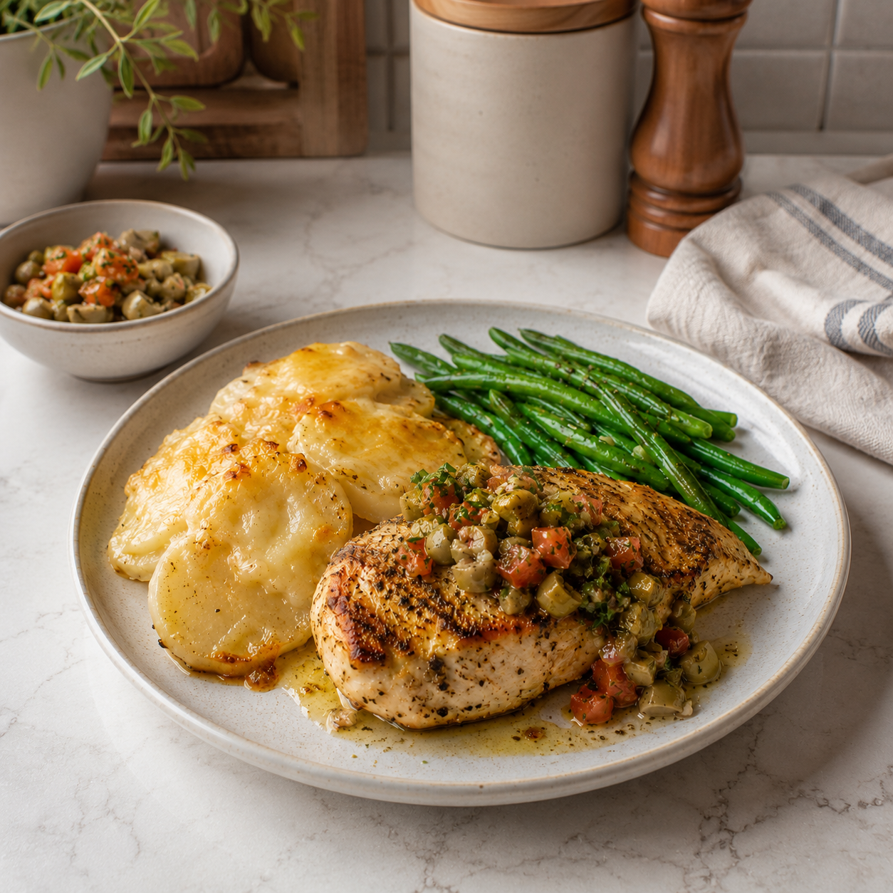 Poulet grillé, salsa d’olives et pommes de terre gratinées au gouda